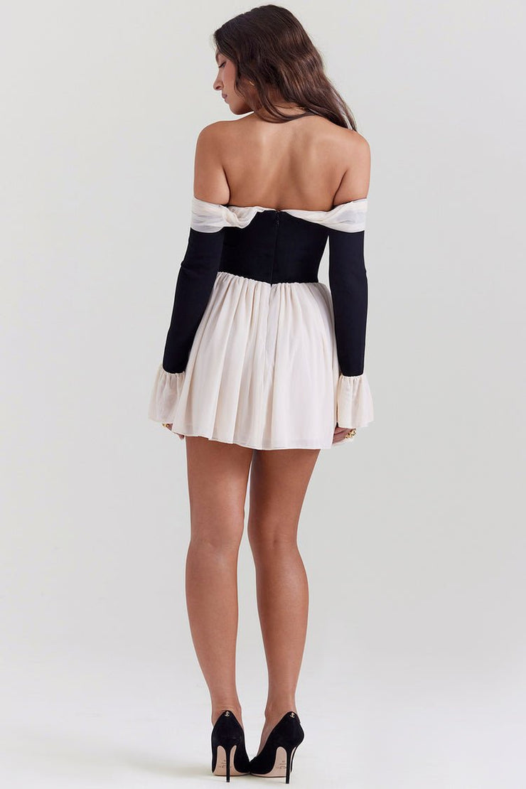 ALANA BLACK & CREAM OFF SHOULDER DRESS - White - MALVI PARISMALVI PARIS