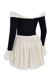 ALANA BLACK & CREAM OFF SHOULDER DRESS - White - MALVI PARISMALVI PARIS