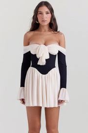 ALANA BLACK & CREAM OFF SHOULDER DRESS - White - MALVI PARISMALVI PARIS