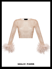 ALICIA RHINESTONE EMBELLISHED CROP TOP FEATHERS LONG SLEEVES - Blush Pink / Beige - MALVI PARISMALVI PARIS