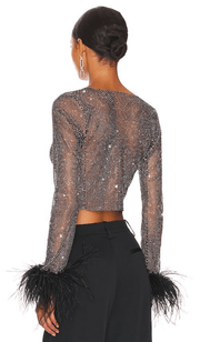 ALICIA RHINESTONE EMBELLISHED CROP TOP FEATHERS LONG SLEEVES - Jet Black - MALVI PARISMALVI PARIS