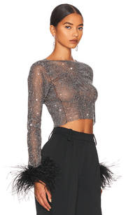 ALICIA RHINESTONE EMBELLISHED CROP TOP FEATHERS LONG SLEEVES - Jet Black - MALVI PARISMALVI PARIS