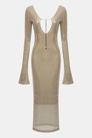 ALMA LONG SLEEVE EMBELLISHED SEQUIN MAXI DRESS - Beige golden - MALVI PARISMALVI PARIS