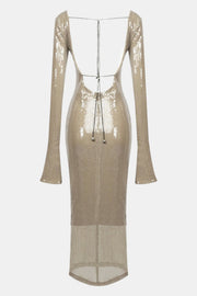 ALMA LONG SLEEVE EMBELLISHED SEQUIN MAXI DRESS - Beige golden - MALVI PARISMALVI PARIS