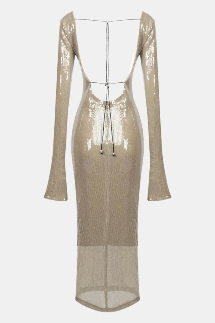 ALMA LONG SLEEVE EMBELLISHED SEQUIN MAXI DRESS - Beige golden - MALVI PARISMALVI PARIS