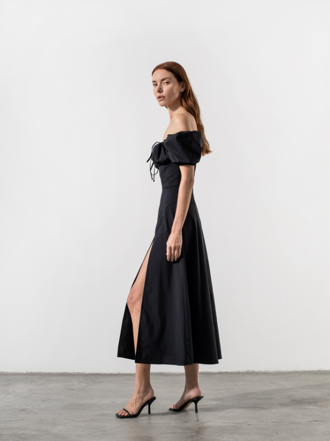 Tallulah Puff Sleeve Midi Dress - Black