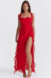 ARIELA CHERRY RUFFLE ASYMMETRIC COCKTAIL MAXI DRESS - Red - MALVI PARISMALVI PARIS