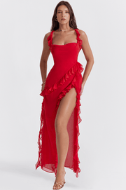 ARIELA CHERRY RUFFLE ASYMMETRIC COCKTAIL MAXI DRESS - Red - MALVI PARISMALVI PARIS