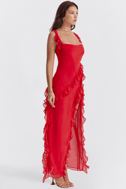 ARIELA CHERRY RUFFLE ASYMMETRIC COCKTAIL MAXI DRESS - Red - MALVI PARISMALVI PARIS