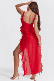 ARIELA CHERRY RUFFLE ASYMMETRIC COCKTAIL MAXI DRESS - Red - MALVI PARISMALVI PARIS