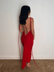 AZARI RED RUCHED BACKLESS MAXI DRESS - Red - MALVI PARISMALVI PARIS