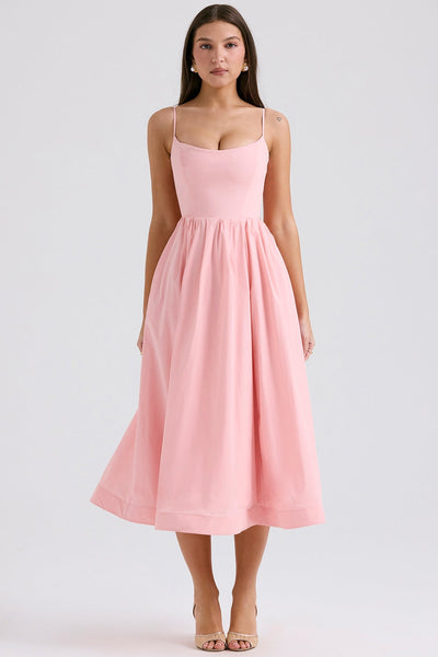 Lolita Rose Pink Cotton Corset Sundress Midi Dress - Pink