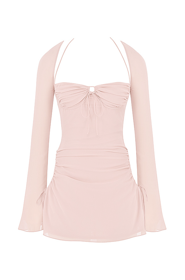 BABY PINK QUARTZ CHIFFON CUTOUT HALTER MINI DRESS - Light pink - MALVI PARISMALVI PARIS