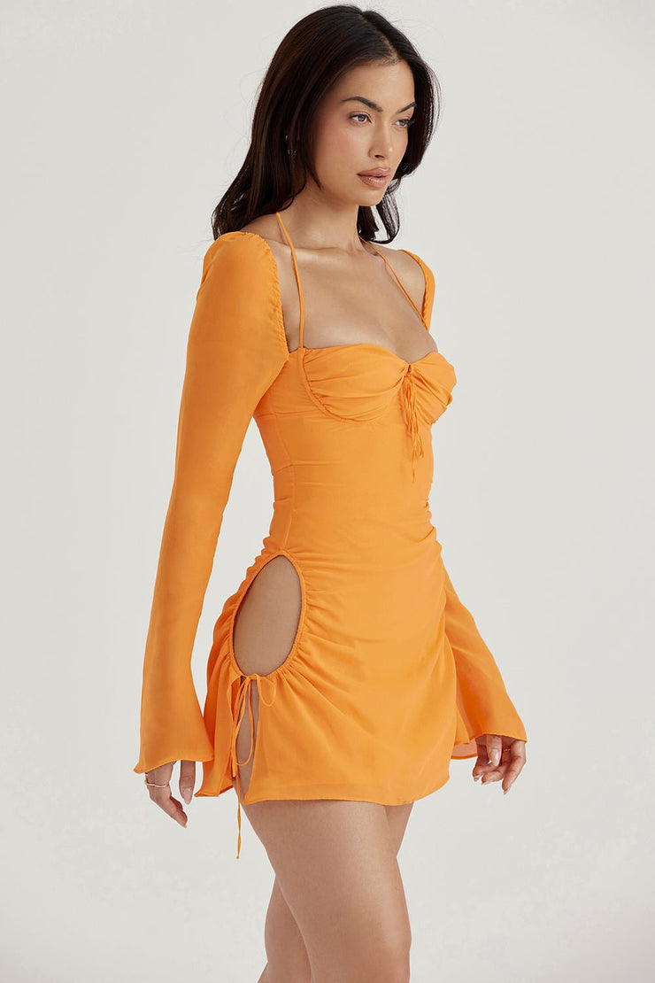 BABY TANGERINE CHIFFON HALTER MINI DRESS - Orange - MALVI PARISMALVI PARIS