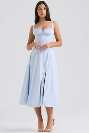 Carmen Soft Blue Cotton Bustier Sundress Midi Dress - Blue