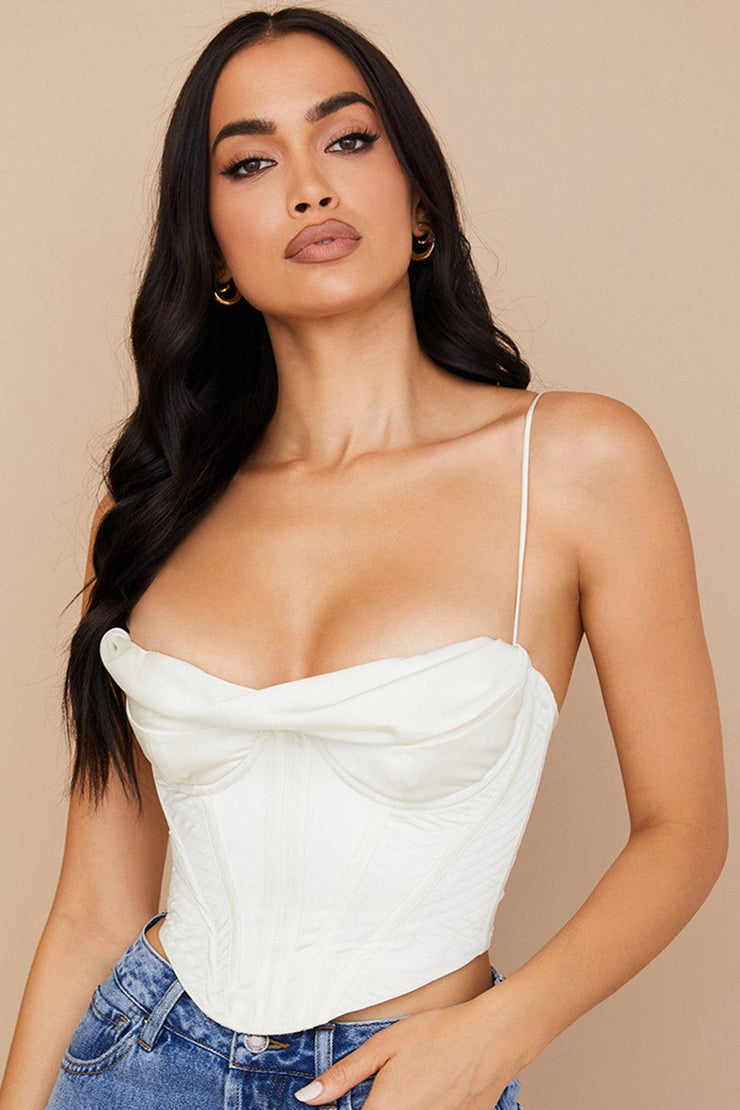 BEA Ivory Satin Draped Corset Top - White - MALVI PARISMALVI PARIS