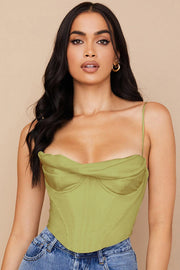 BEA Olive Satin Draped Corset Top - Green - MALVI PARISMALVI PARIS