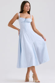 Carmen Soft Blue Cotton Bustier Sundress Midi Dress - Blue