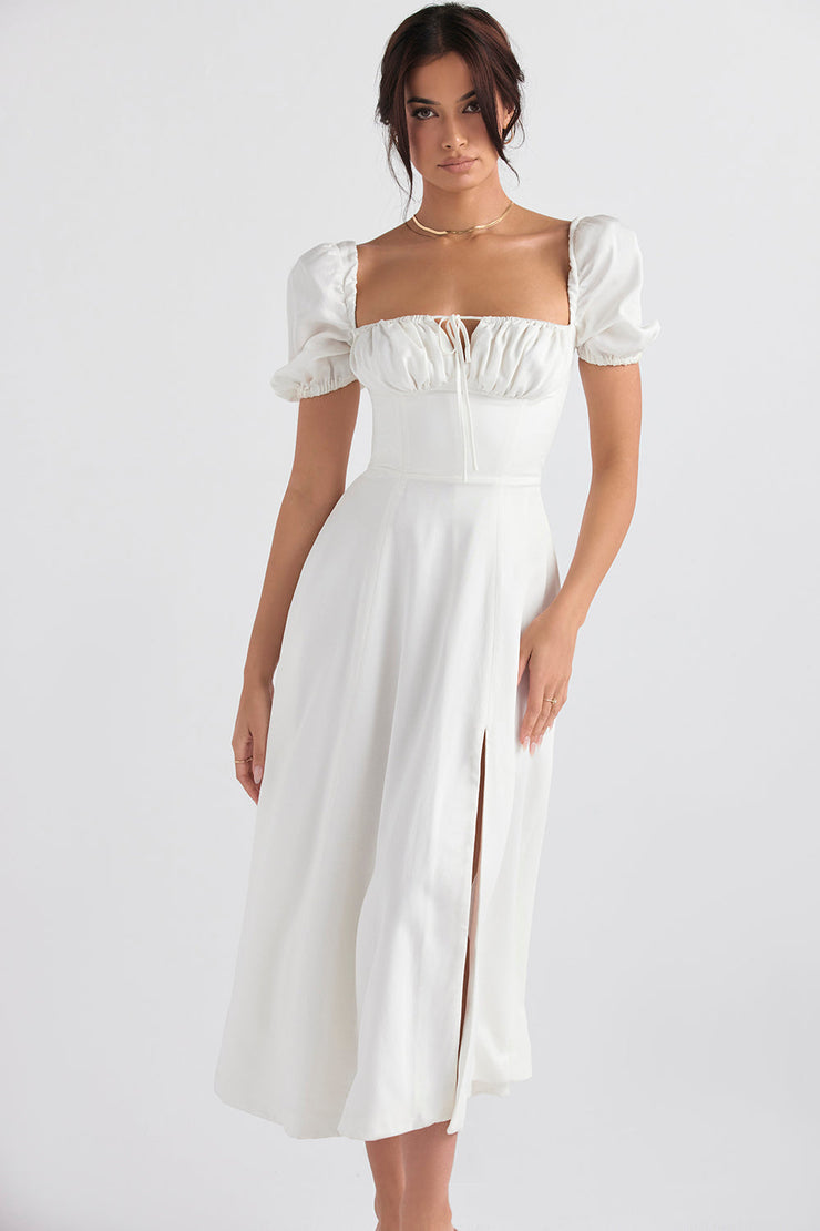 Tallulah White Puff Sleeve Midi Dress - White