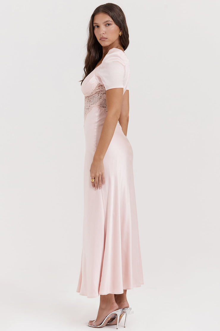 Rafaela Soft Peach Pure Silk & Lace Dress Maxi - Pink