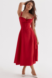 CARMEN RED ROSE BUSTIER MIDI DRESS - Dark Red - MALVI PARISMALVI PARIS