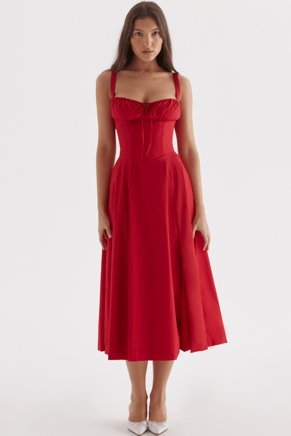 CARMEN RED ROSE BUSTIER MIDI DRESS - Dark Red - MALVI PARISMALVI PARIS