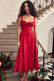 CARMEN RED ROSE BUSTIER MIDI DRESS - Dark Red - MALVI PARISMALVI PARIS