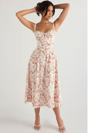 CARMEN ROSE PRINT BUSTIER MIDI DRESS - Pink / white - MALVI PARISMALVI PARIS