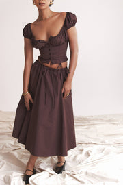 CORA RICH BROWN GATHERED MIDI SKIRT & KITTY WHITE GATHERED TOP SET - Brown - MALVI PARISMALVI PARIS