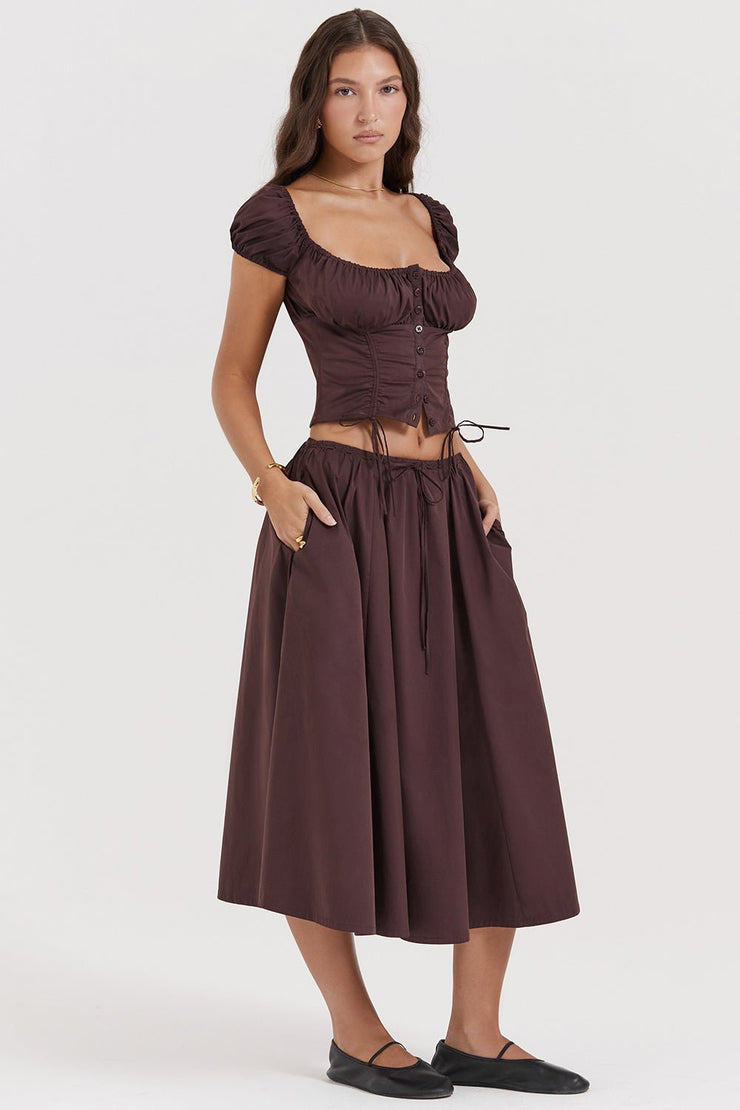 CORA RICH BROWN GATHERED MIDI SKIRT & KITTY WHITE GATHERED TOP SET - Brown - MALVI PARISMALVI PARIS