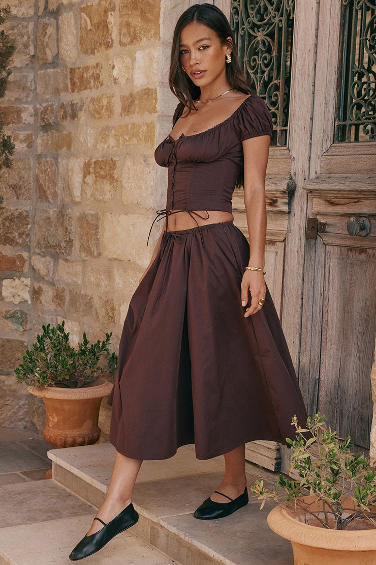 CORA RICH BROWN GATHERED MIDI SKIRT & KITTY WHITE GATHERED TOP SET - Brown - MALVI PARISMALVI PARIS