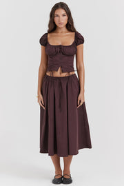 CORA RICH BROWN GATHERED MIDI SKIRT & KITTY WHITE GATHERED TOP SET - Brown - MALVI PARISMALVI PARIS