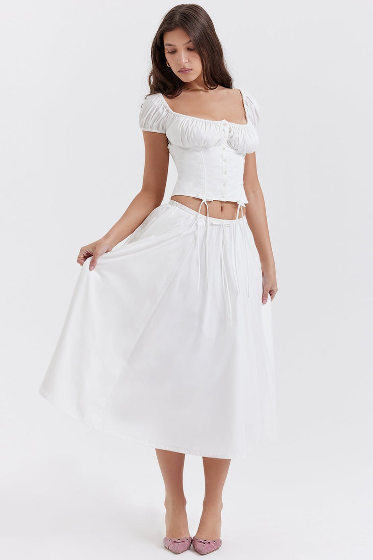 CORA WHITE GATHERED MIDI SKIRT & KITTY WHITE GATHERED TOP SET - White - MALVI PARISMALVI PARIS