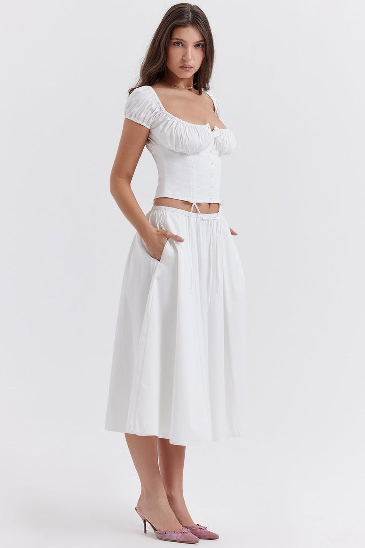 CORA WHITE GATHERED MIDI SKIRT & KITTY WHITE GATHERED TOP SET - White - MALVI PARISMALVI PARIS