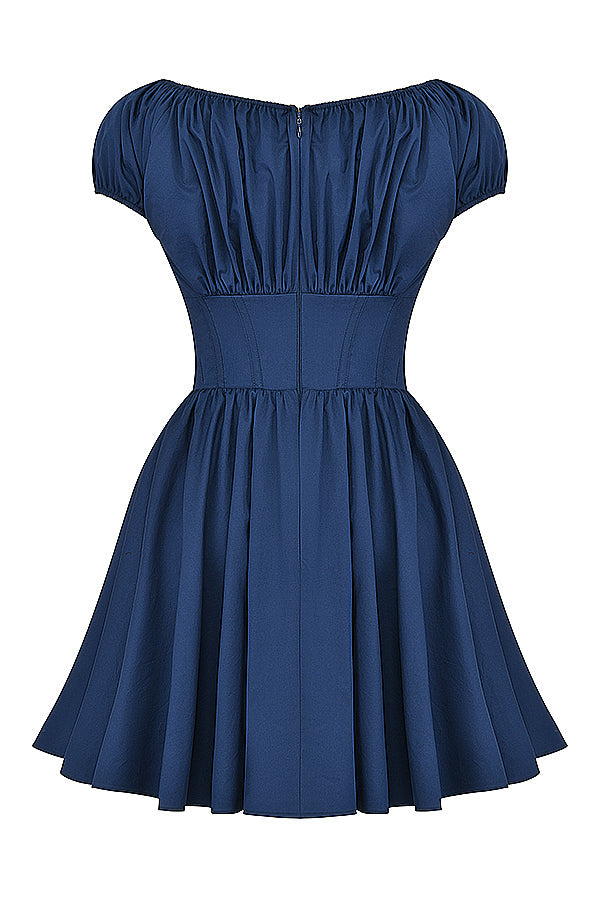 Nala French Navy Gathered Mini Dress - Dark Blue