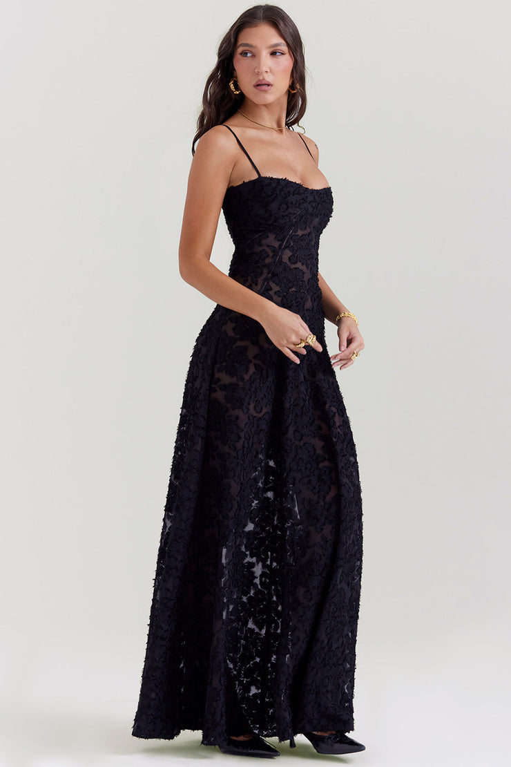 Seren Black Floral Lace Back Maxi Dress - Black