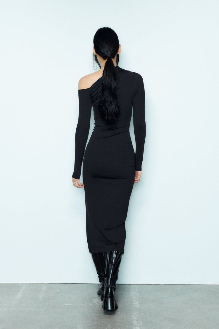 EVA LONG ASYMMETRIC POLYAMIDE MAXI DRESS -Black - MALVI PARISMALVI PARIS