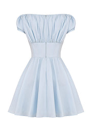 Nala Soft Blue Cotton Gathered Mini Dress - Blue