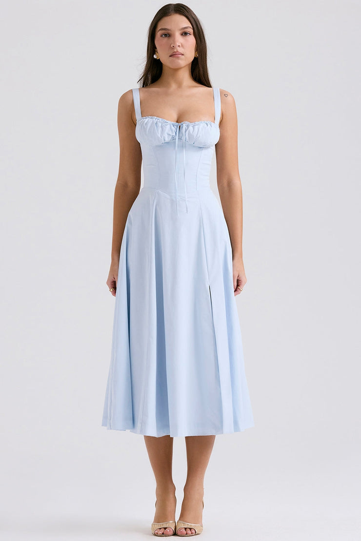 Carmen Soft Blue Cotton Bustier Sundress Midi Dress - Blue