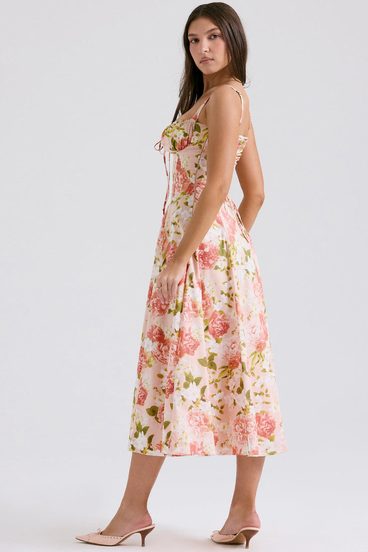 Carmen Pink Peony Print Cotton Bustier Sundress Midi Dress - Pink