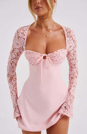 Madison Long Lace Sleeves Back Straps Mini Dress - Light Pink