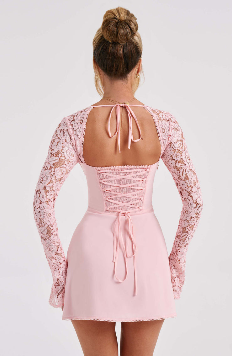 Madison Long Lace Sleeves Back Straps Mini Dress - Light Pink