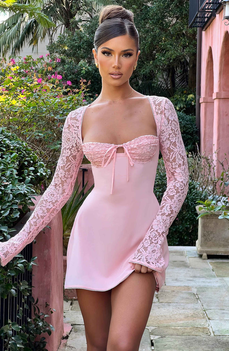 Madison Long Lace Sleeves Back Straps Mini Dress - Light Pink