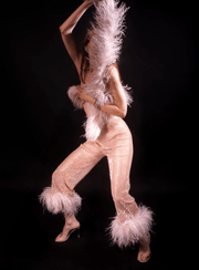 KATE RHINESTONE   EMBELLISHED STRAIGHT LEG FEATHERS PANTS - Blush Pink  / Beige - MALVI PARIS