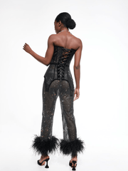 KATE RHINESTONE   EMBELLISHED STRAIGHT LEG FEATHERS PANTS - Black - MALVI PARIS