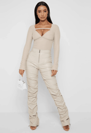 PADDED VEGAN LEATHER FLARED PANTS-BEIGE - MALVI PARIS