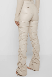 PADDED VEGAN LEATHER FLARED PANTS-BEIGE - MALVI PARIS