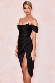 LORETTA SATIN OFF SHOULDER DRESS - Black