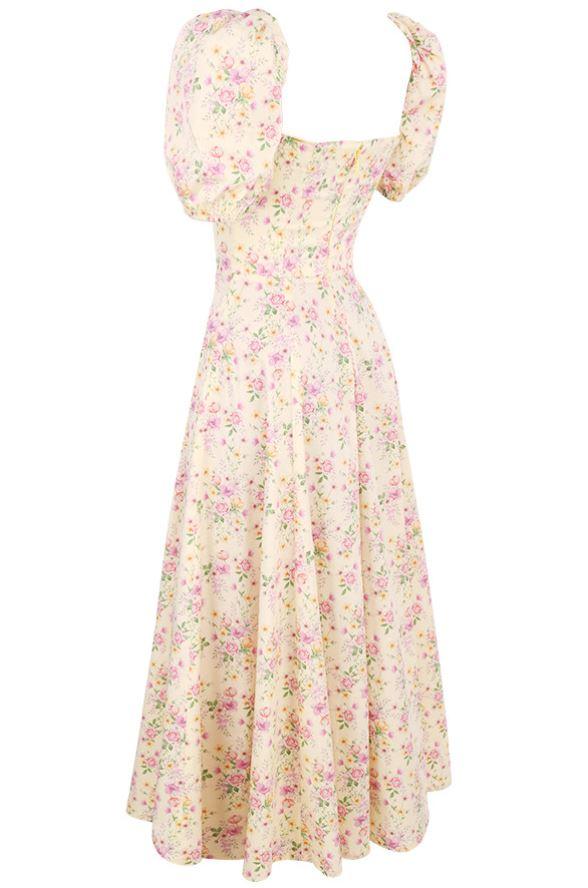 TALLULAH LEMON FLORAL PUFF SLEEVE MIDI SUNDRESS - Yellow - MALVI PARIS