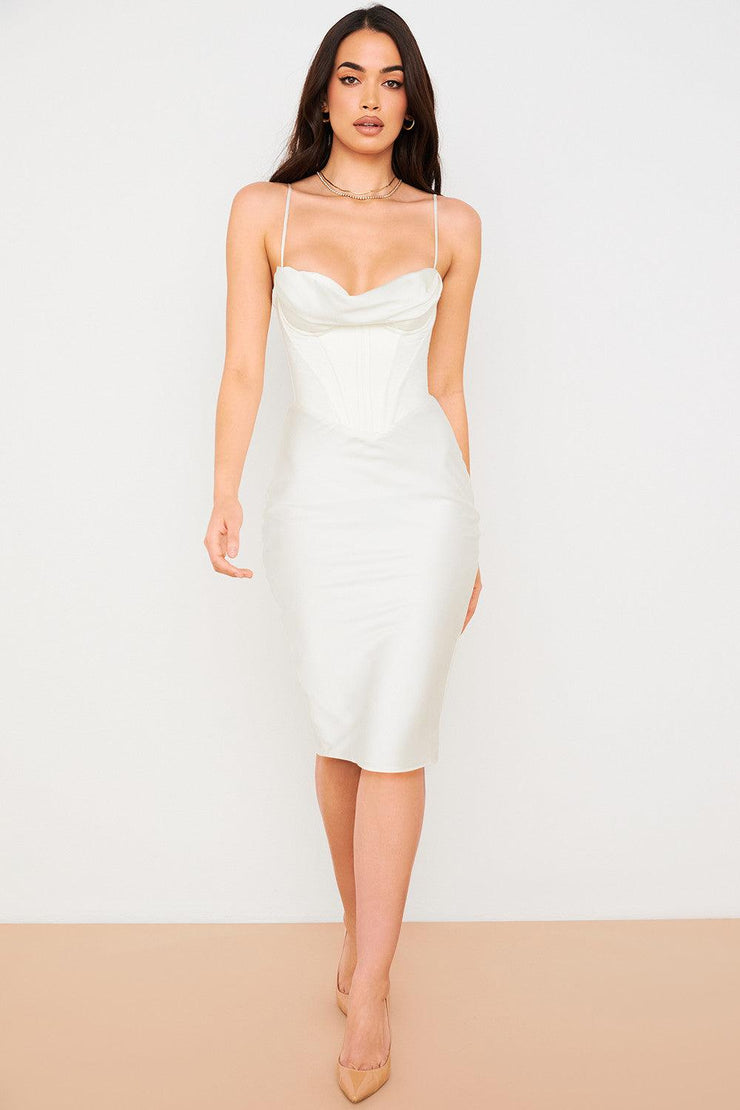 NARIN Ivory Corset Slip Midi Dress - White - MALVI PARIS